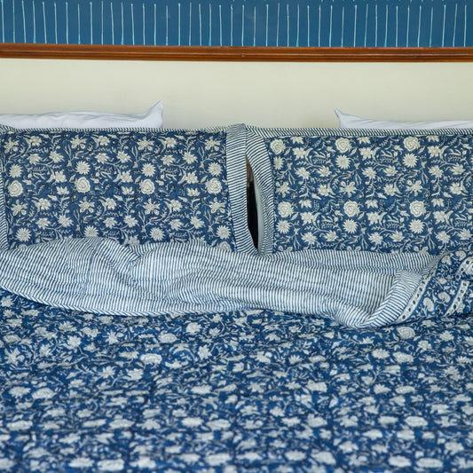 Blue Botanica Handmade Kantha Stitch Quilt Set