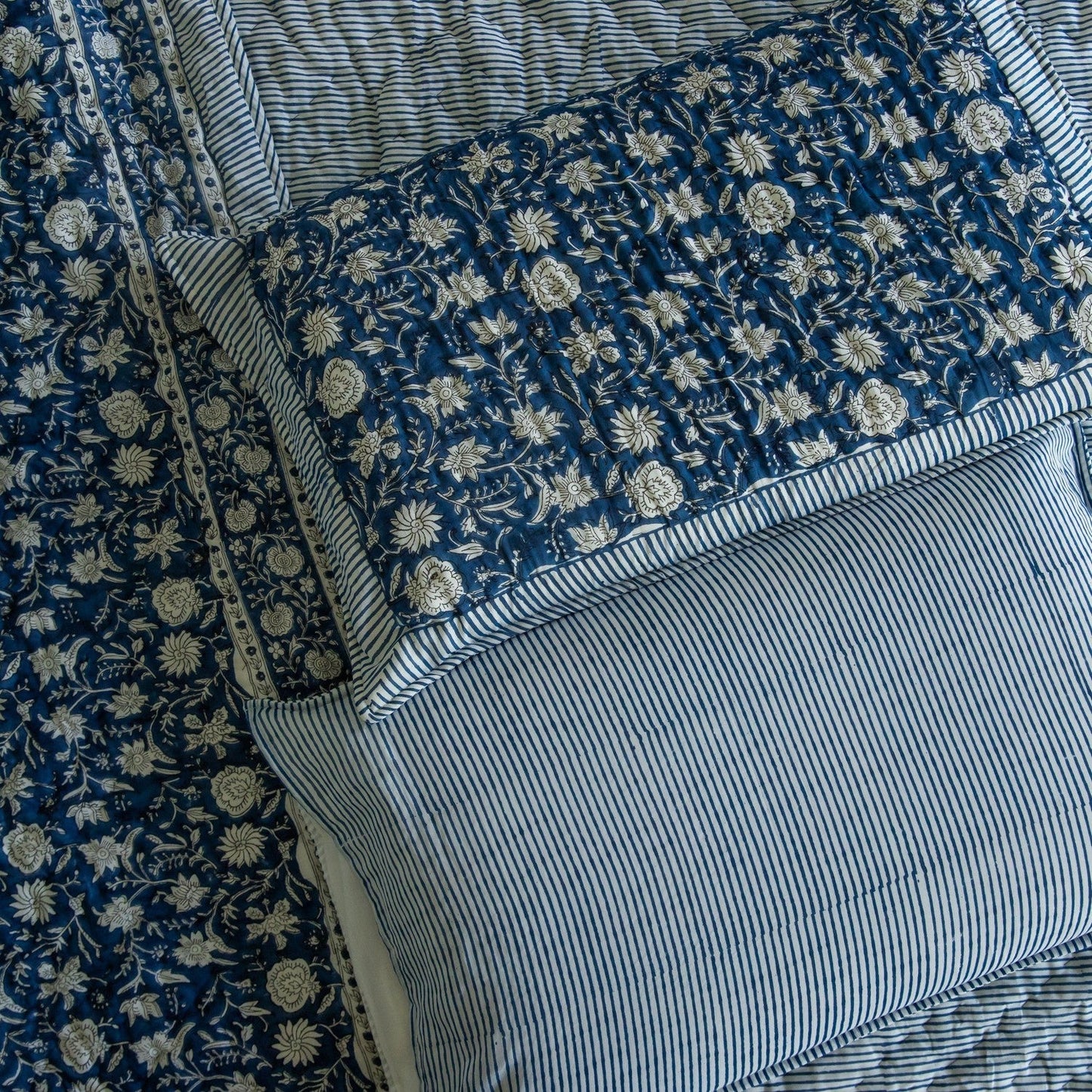 Blue Botanica Handmade Kantha Stitch Quilt Set