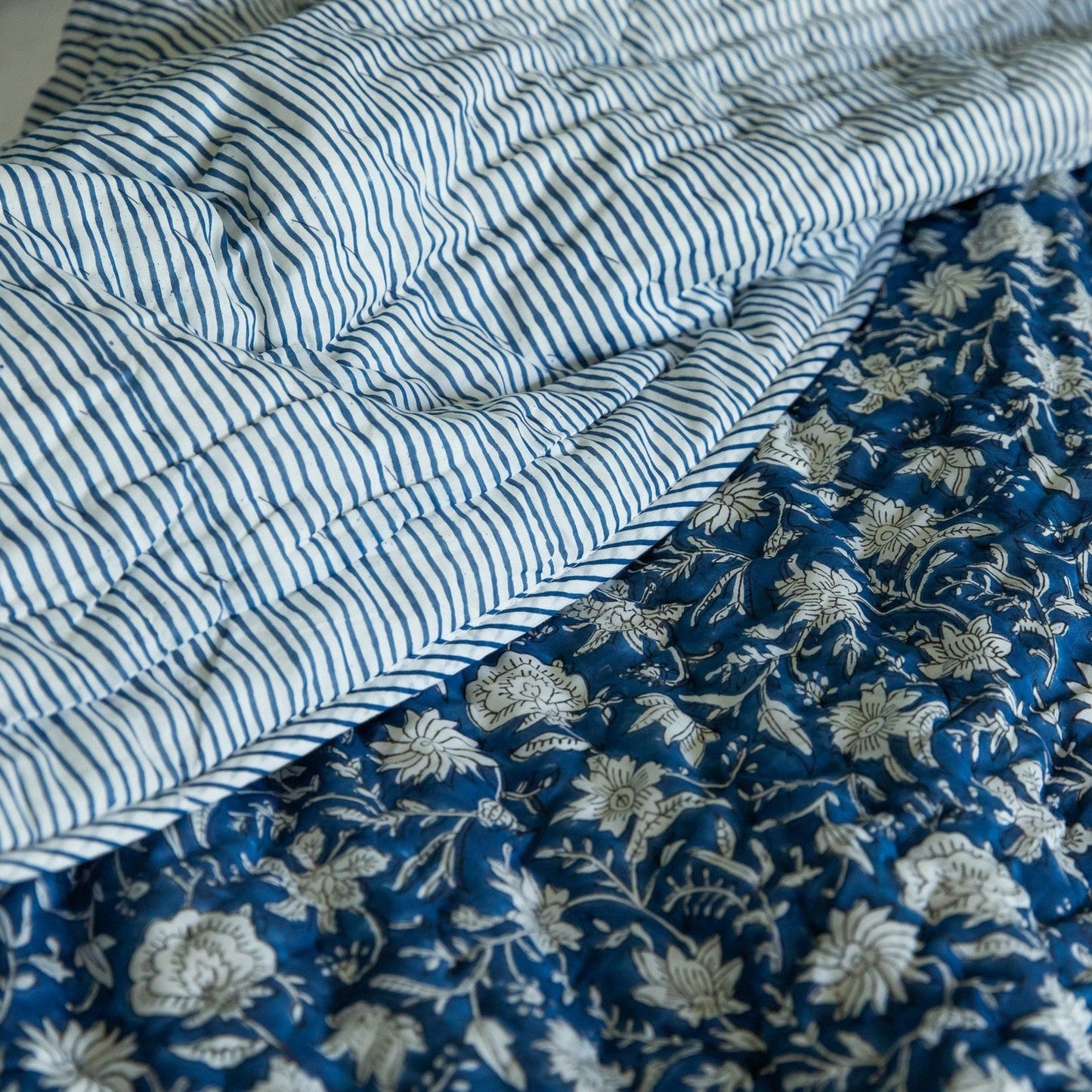 Blue Botanica Handmade Kantha Stitch Quilt Set