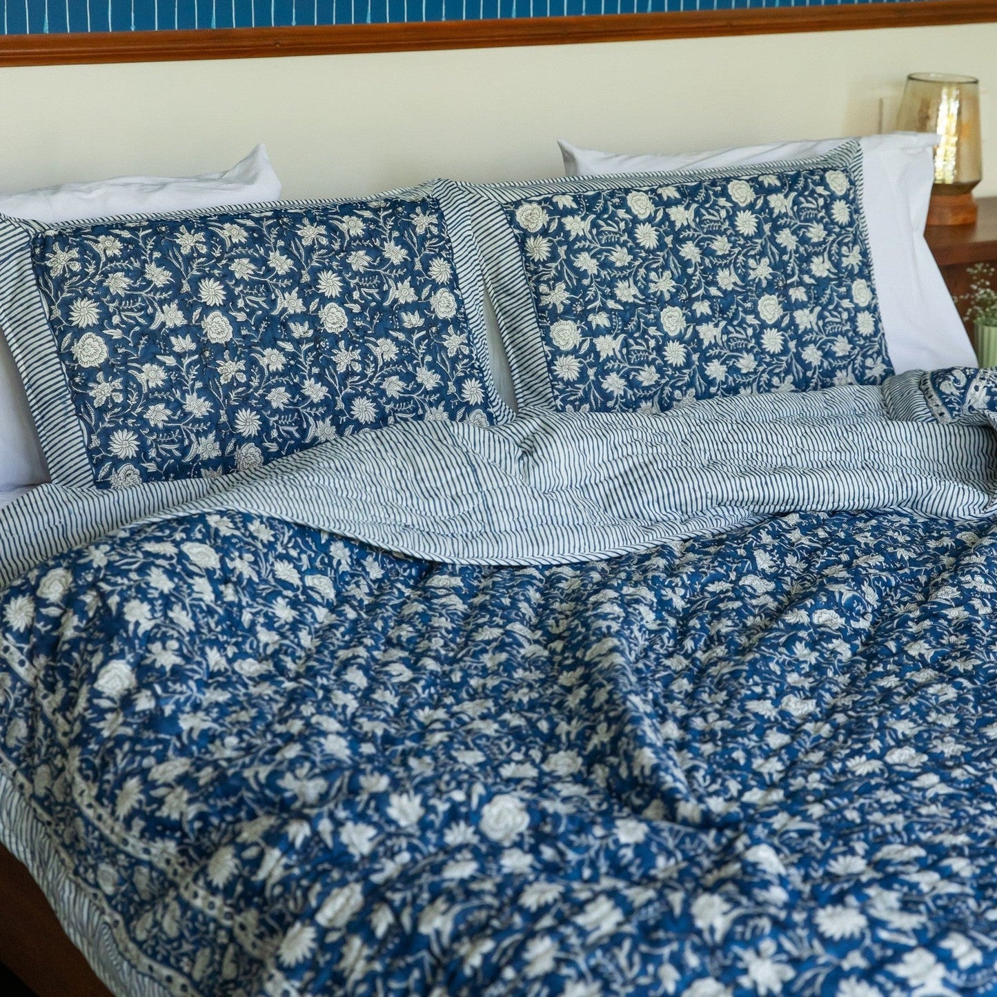 Blue Botanica Handmade Kantha Stitch Quilt Set