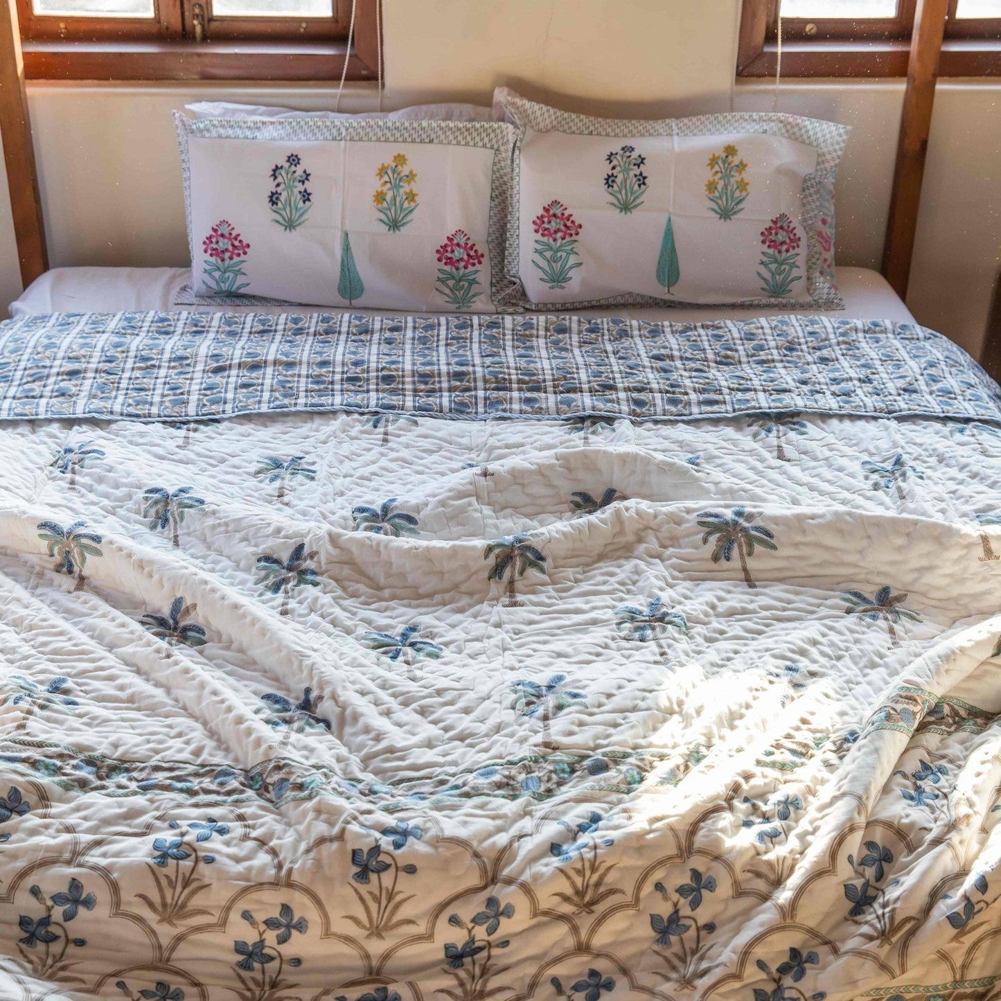 Cool Coastal and Floral Reversible Queen Size Quilt