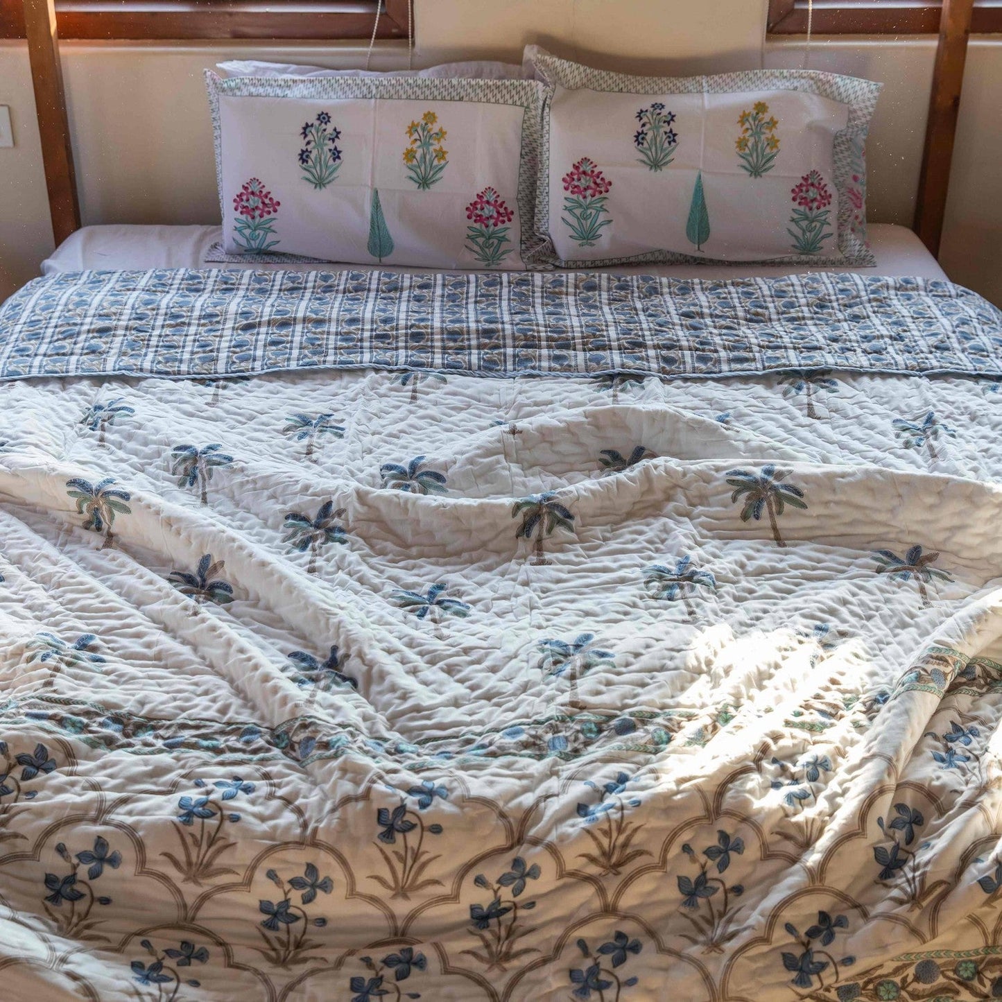 Cool Coastal and Floral Reversible Queen Size Quilt