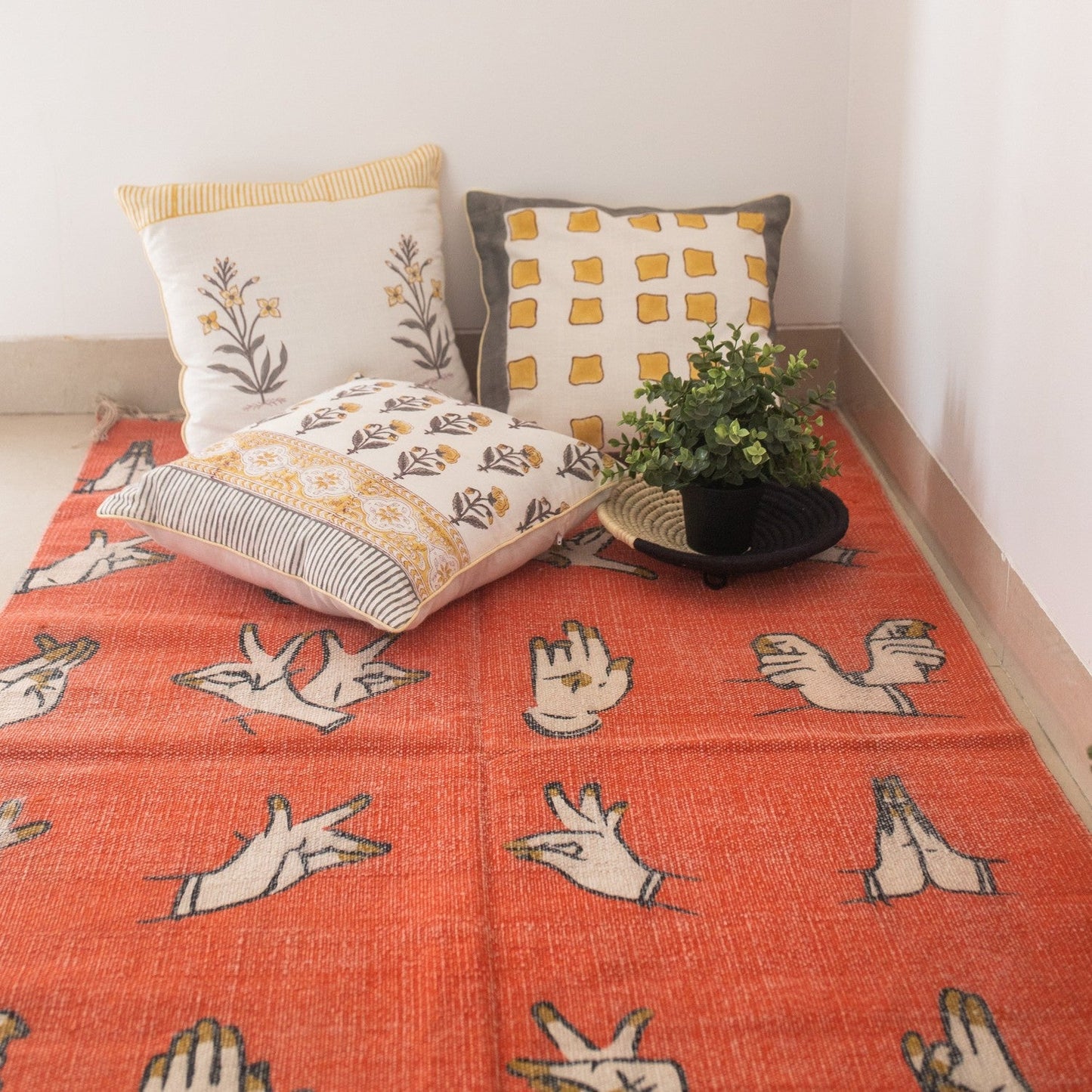 Dance Mudras Orange Screen Printed Cotton Rug