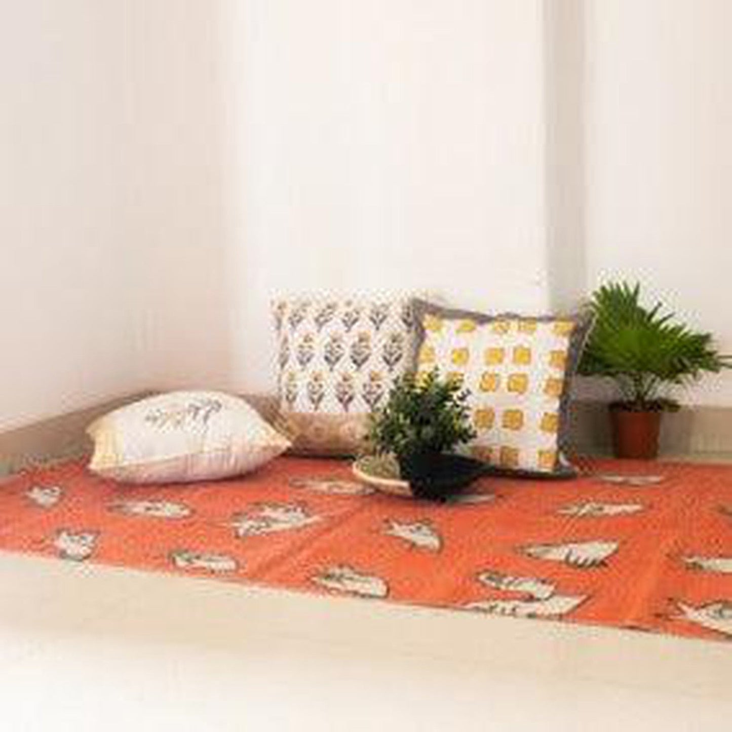 Dance Mudras Orange Screen Printed Cotton Rug