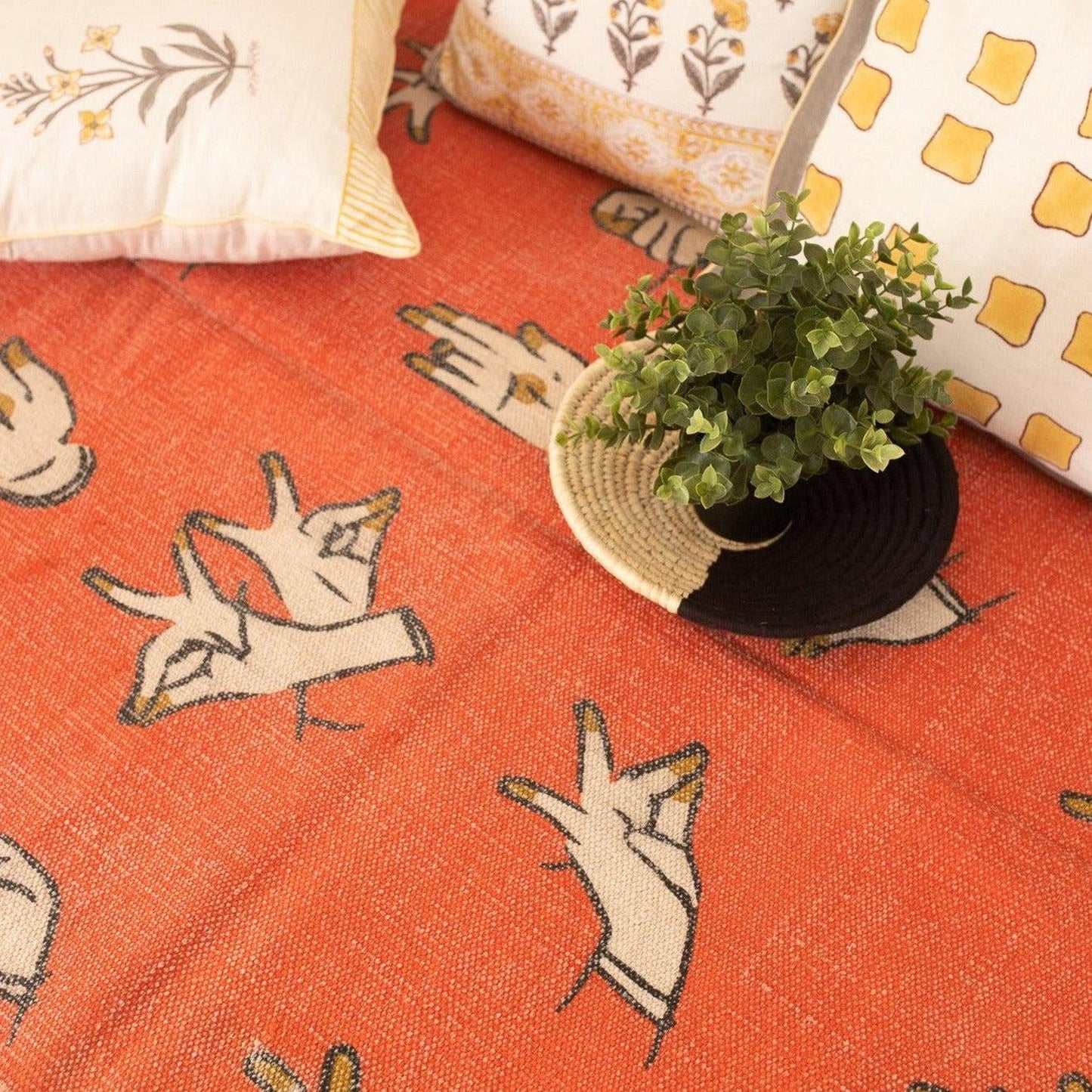 Dance Mudras Orange Screen Printed Cotton Rug