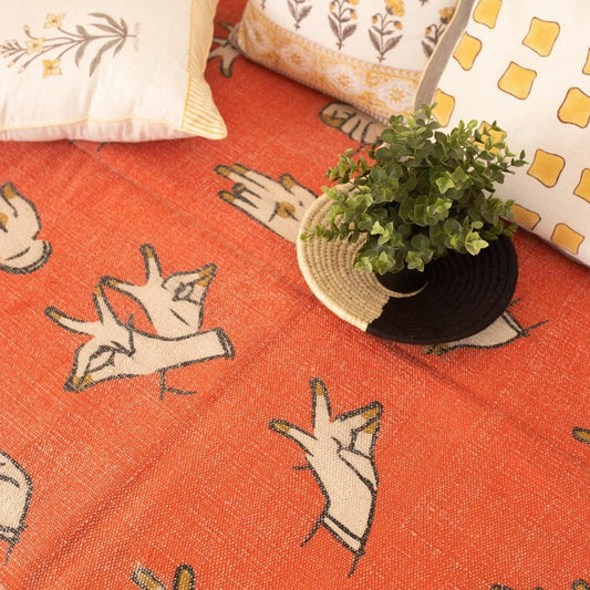 Dance Mudras Orange Screen Printed Cotton Rug