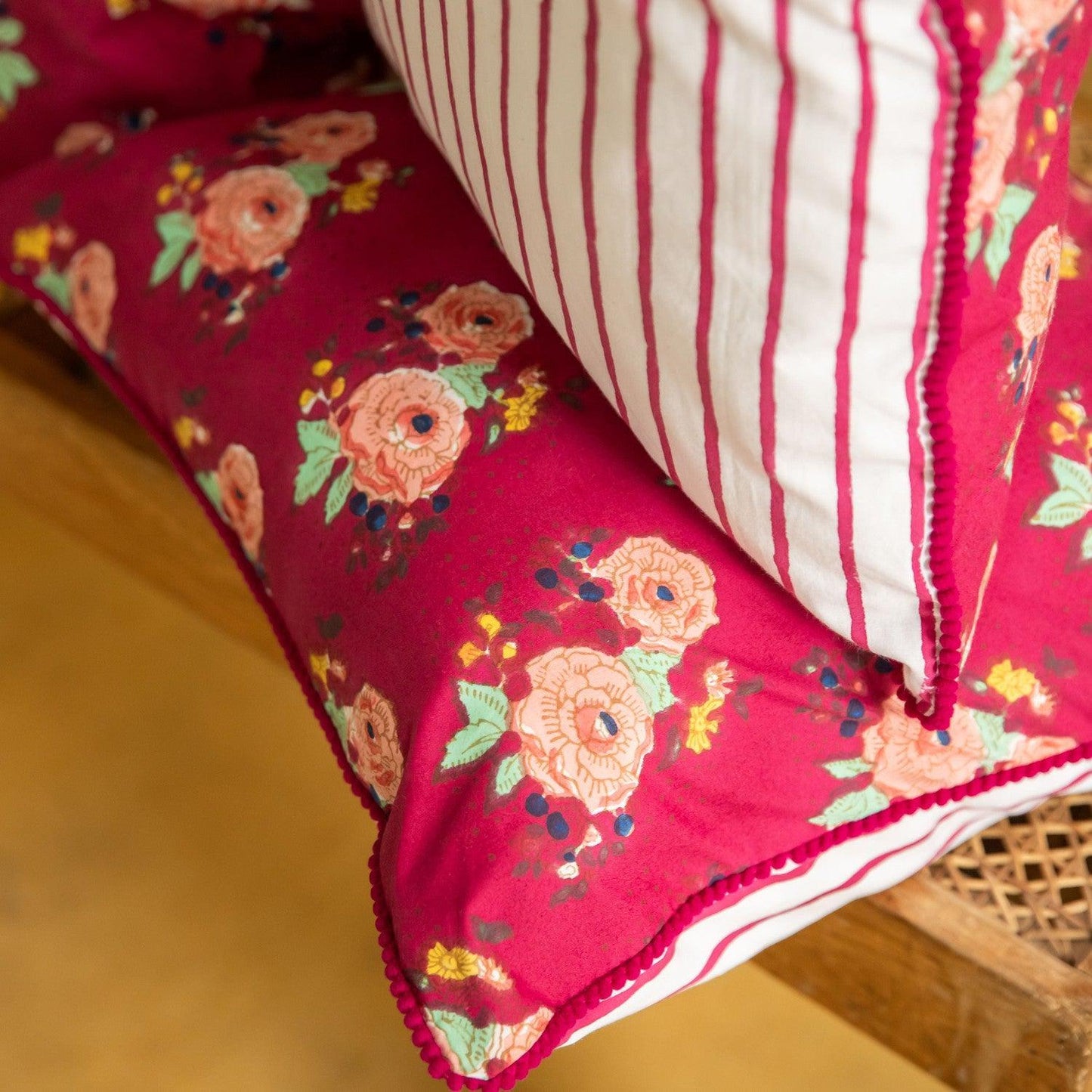 Dark Red Kentish Rose Blockprinted Cushion Cover