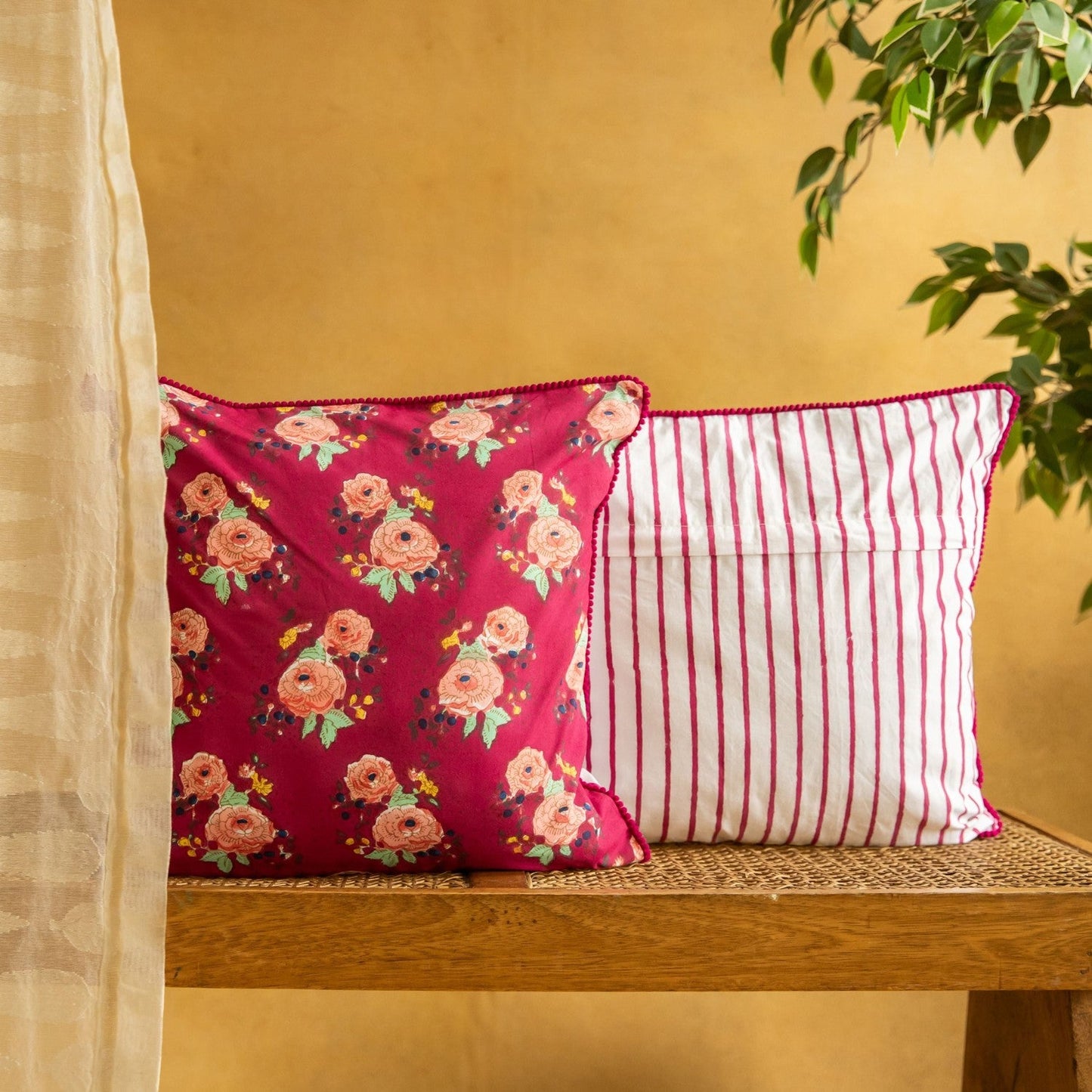 Dark Red Kentish Rose Blockprinted Cushion Cover