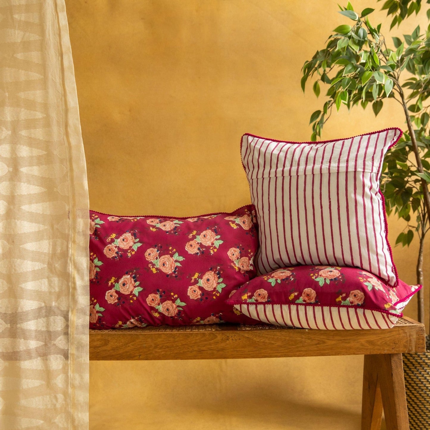 Dark Red Kentish Rose Blockprinted Cushion Cover