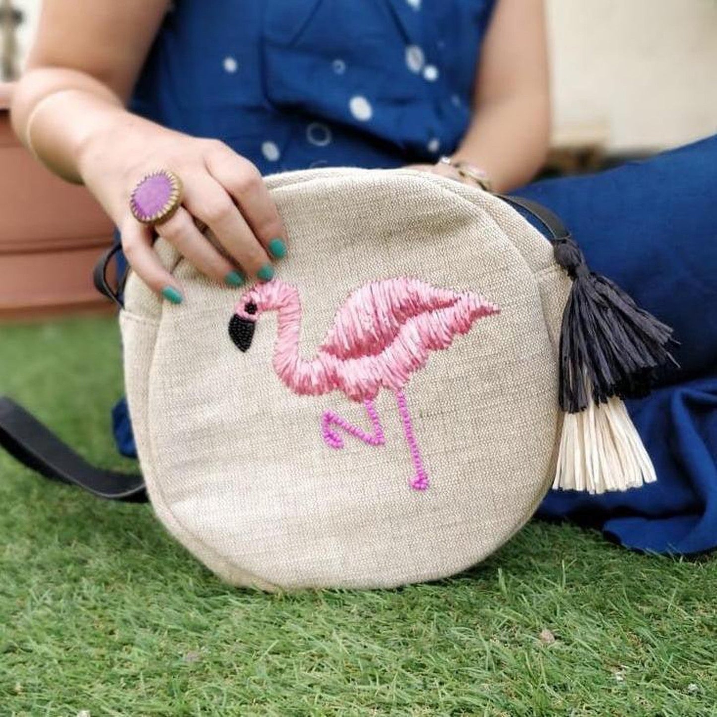 Flamingo Raffia Embroidered Cross Body Bag