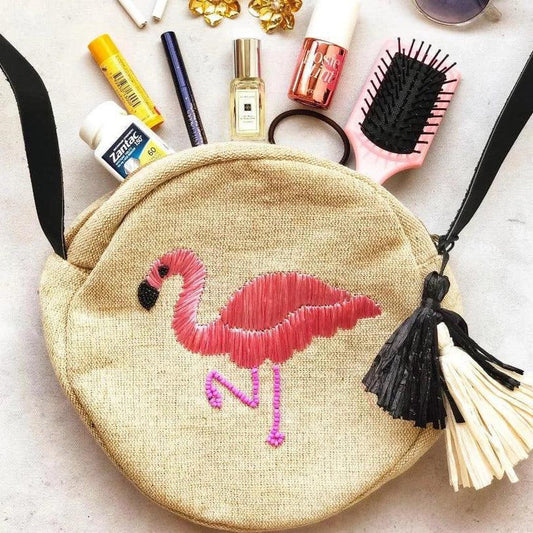 Flamingo Raffia Embroidered Cross Body Bag-Bags-House of Ekam