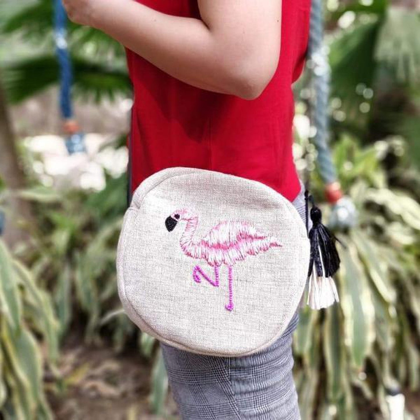 Flamingo Raffia Embroidered Cross Body Bag