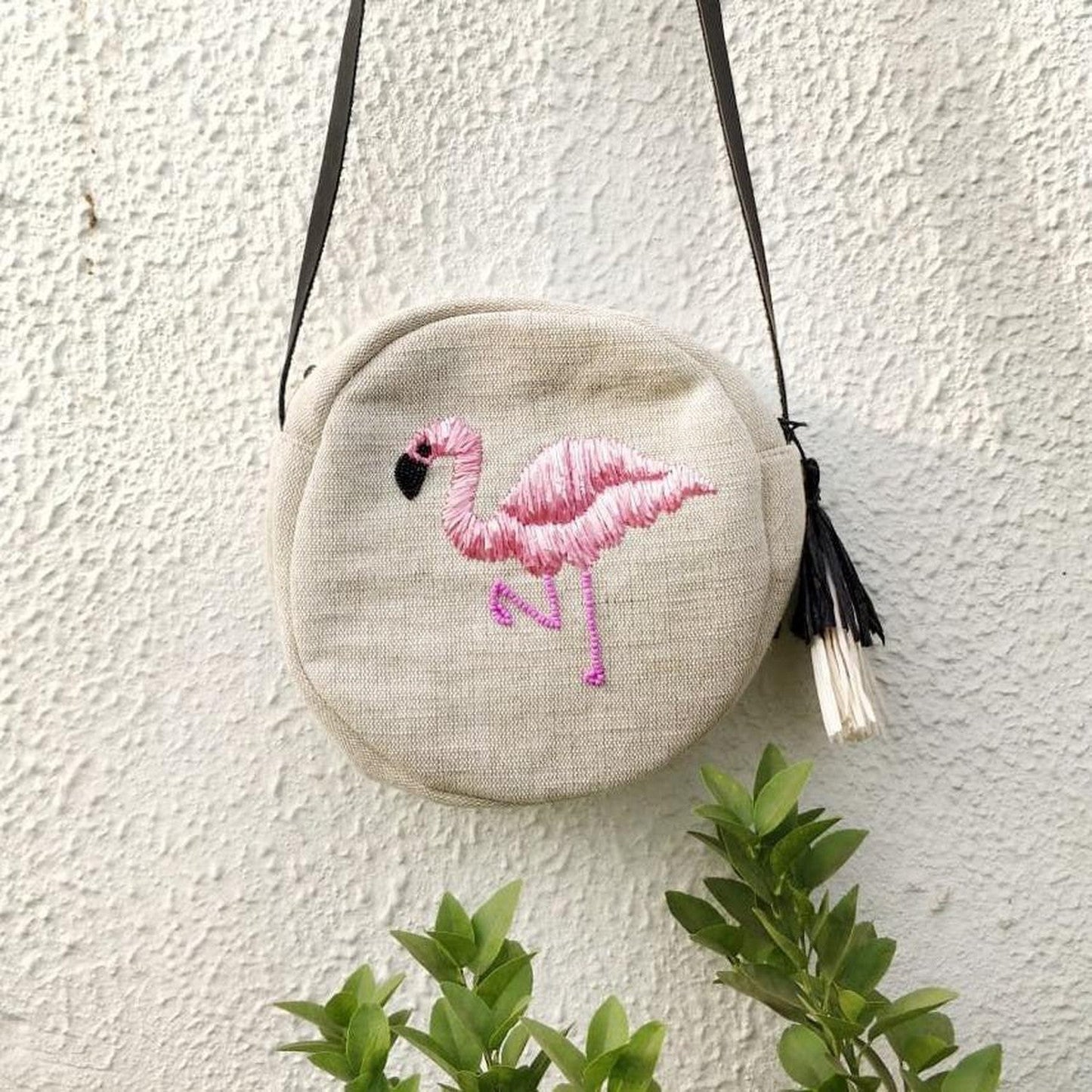 Flamingo Raffia Embroidered Cross Body Bag