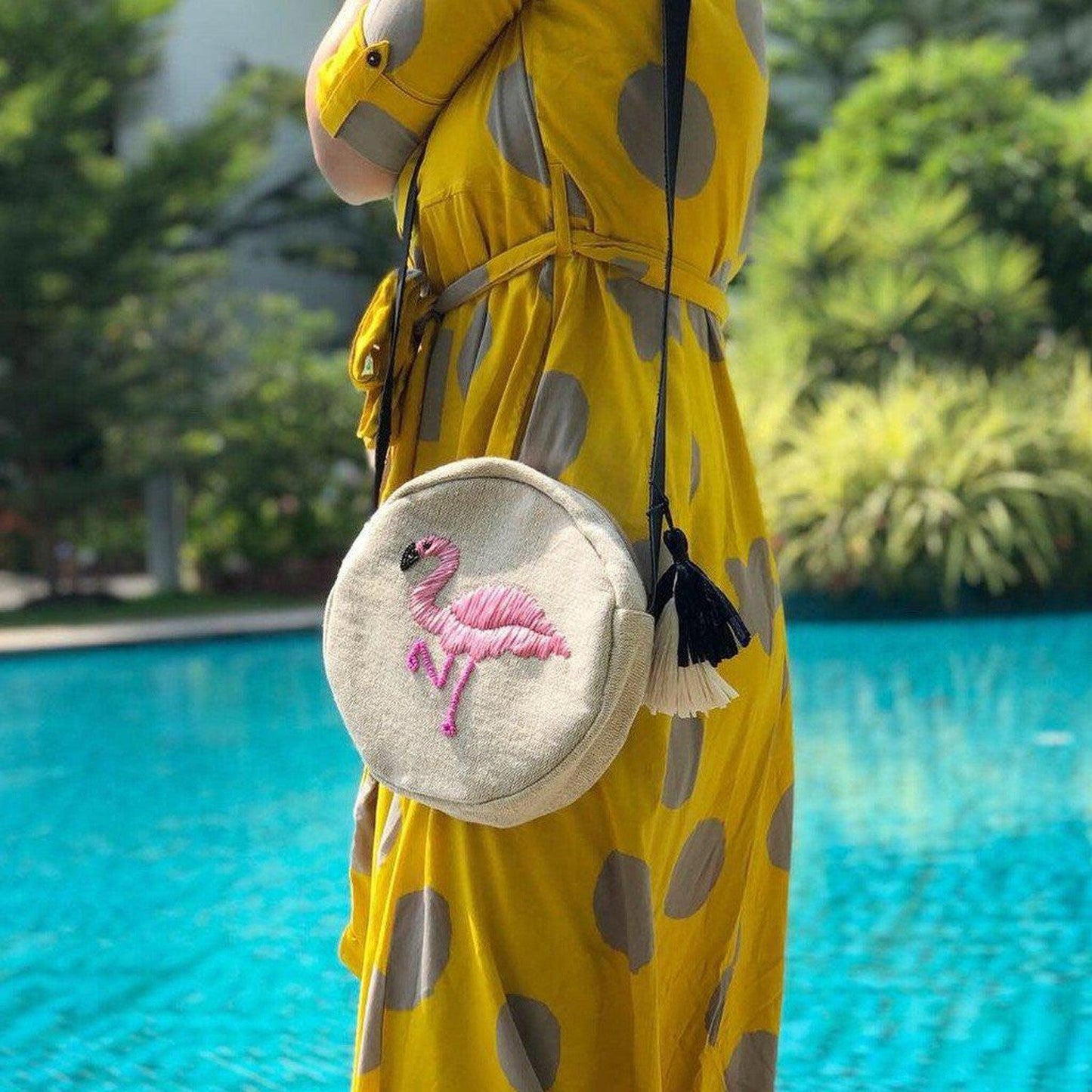 Flamingo Raffia Embroidered Cross Body Bag