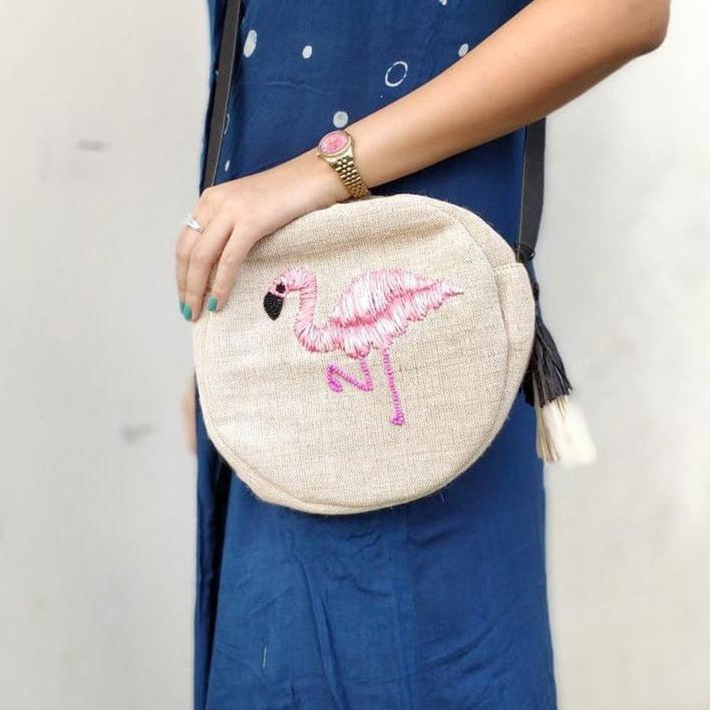 Flamingo Raffia Embroidered Cross Body Bag