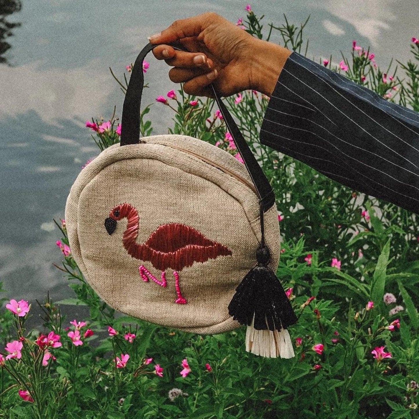 Flamingo Raffia Embroidered Cross Body Bag