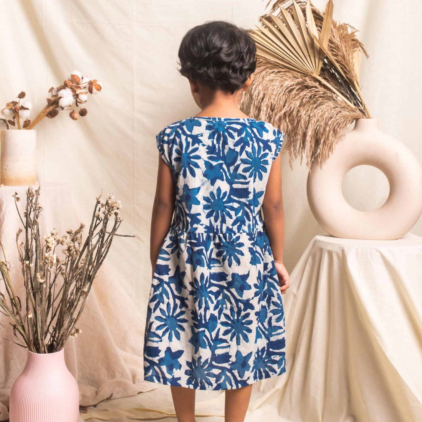 Indigo Floral Blockprint Girls Dress