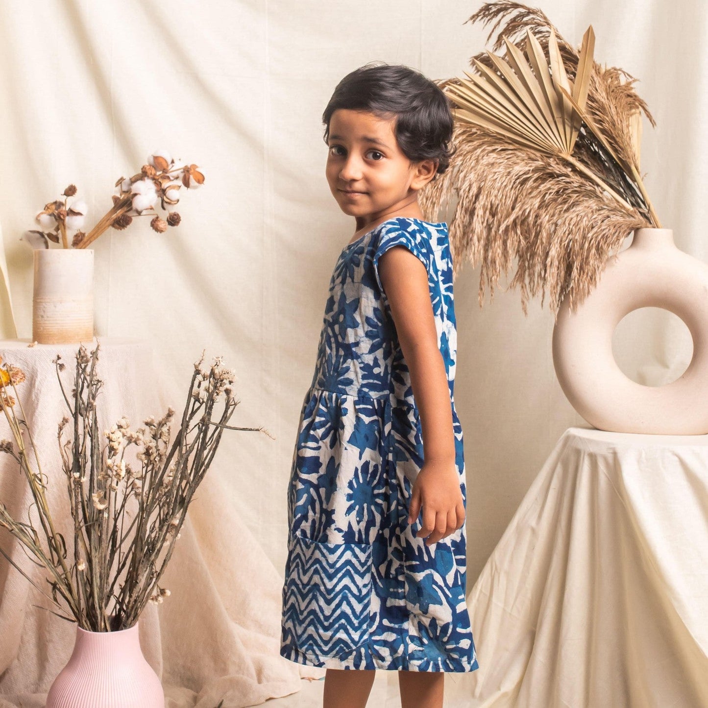 Indigo Floral Blockprint Girls Dress