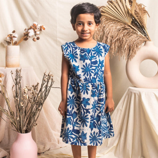 Indigo Floral Blockprint Girls Dress