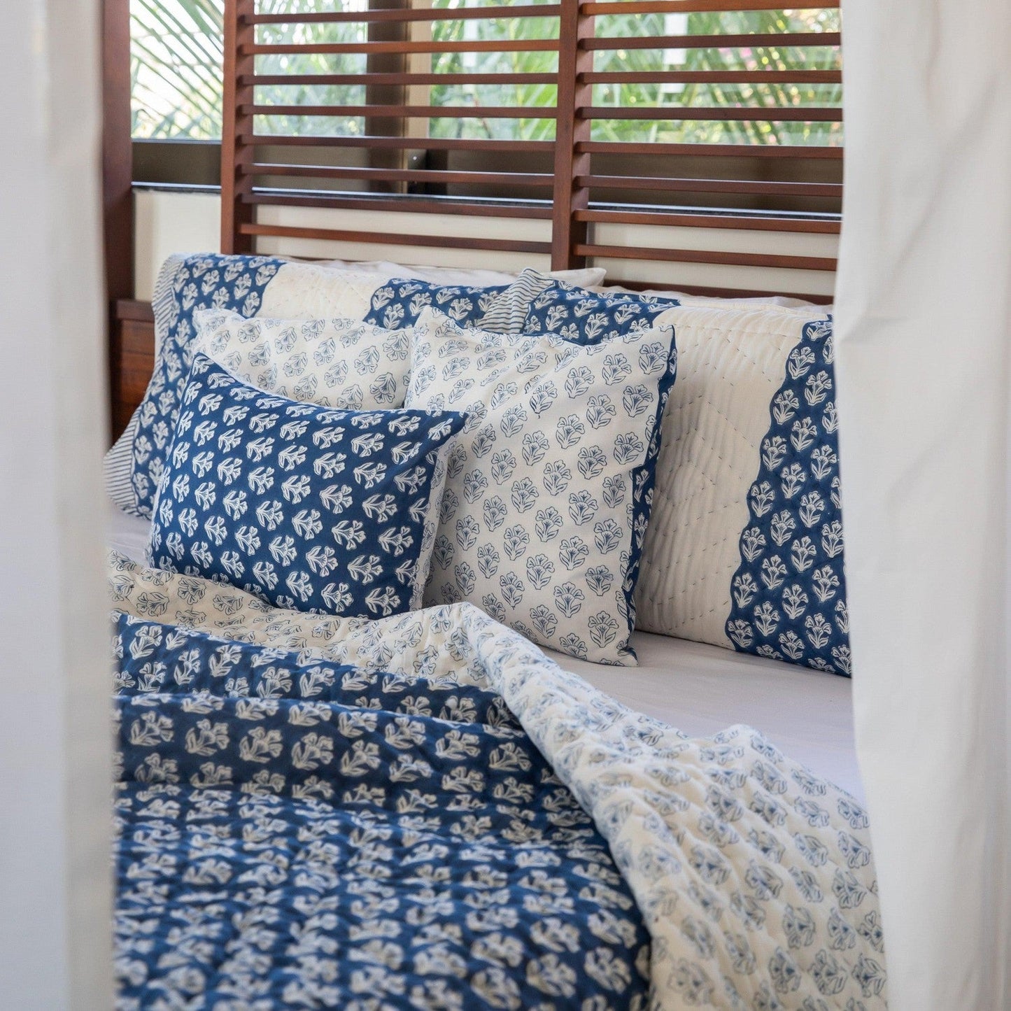 Indigo Harmony Handmade Kantha Stitch Queen Quilt Set