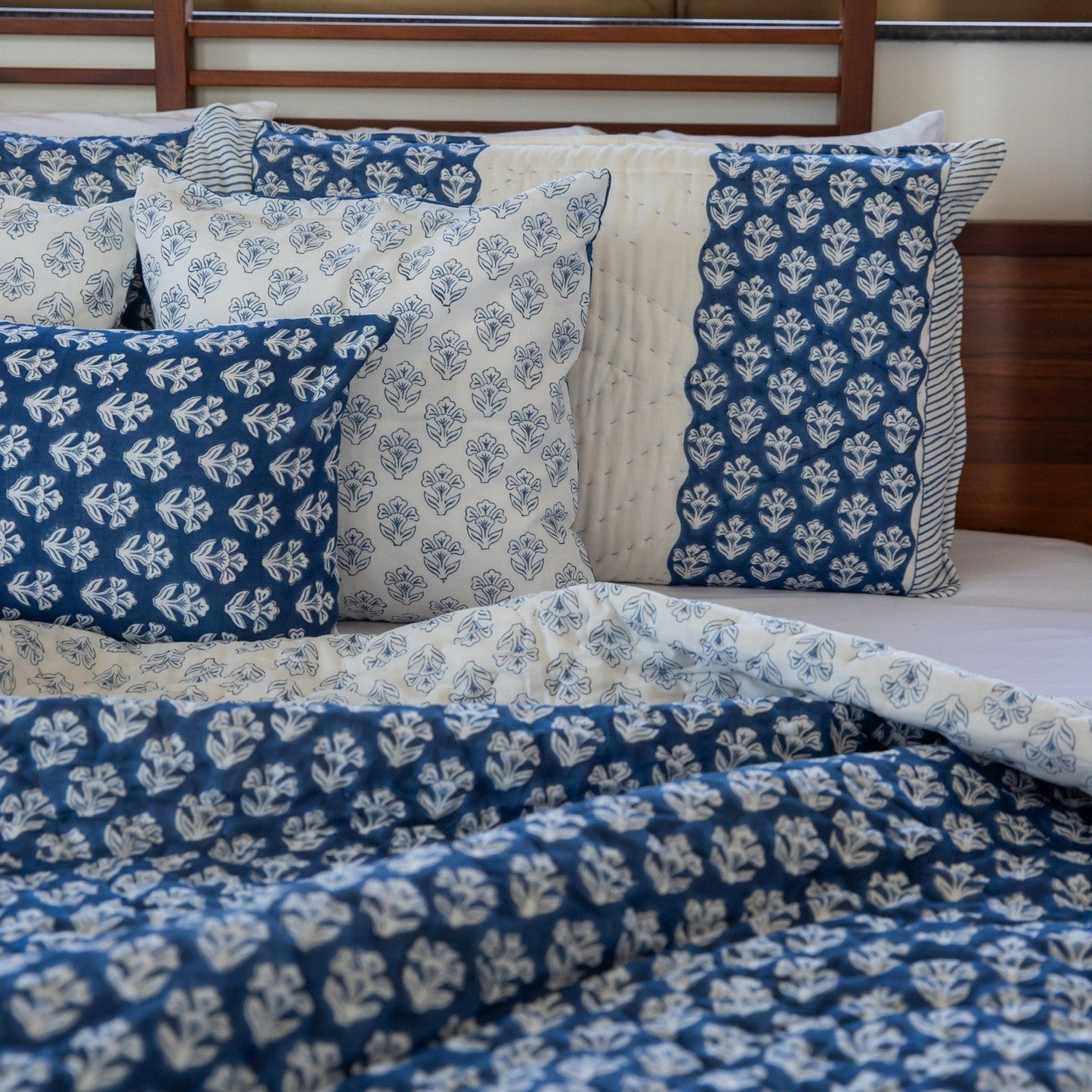 Indigo Harmony Handmade Kantha Stitch Queen Quilt Set