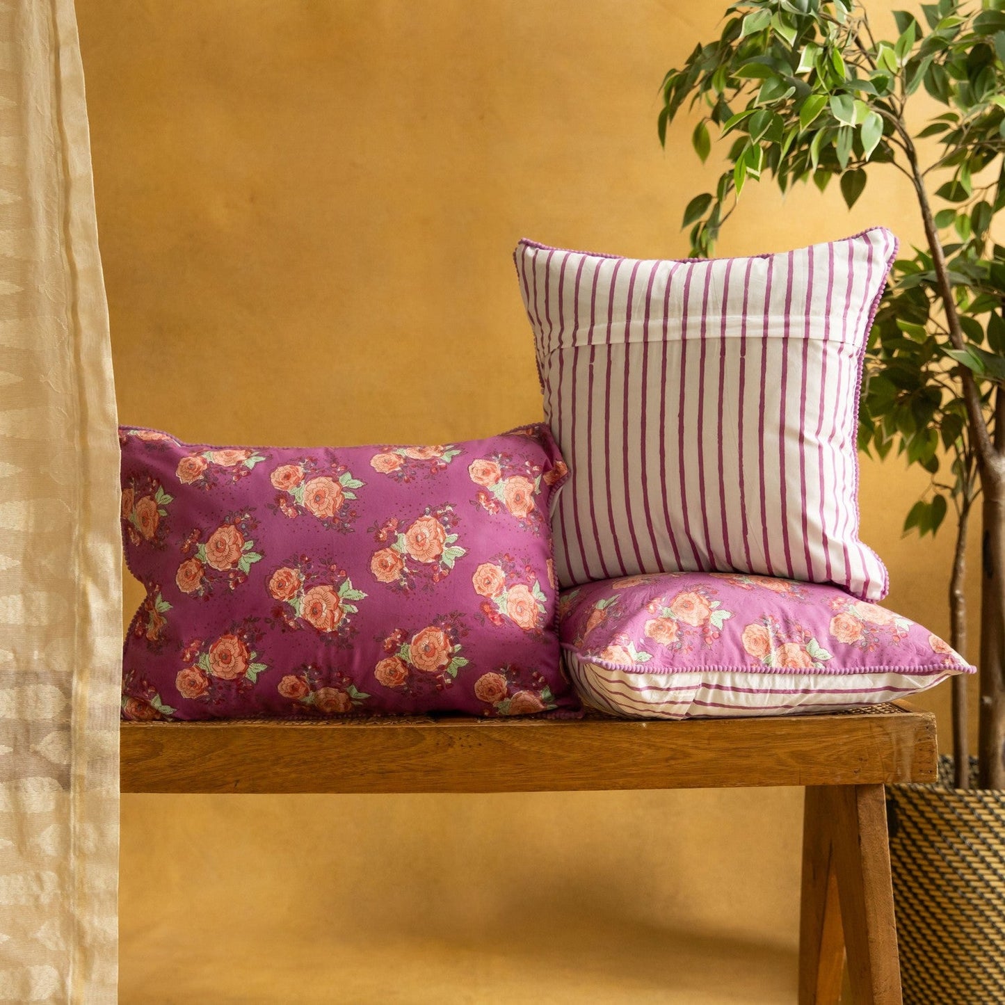 Purple Kentish Rose Blockprinted Cushion Cover