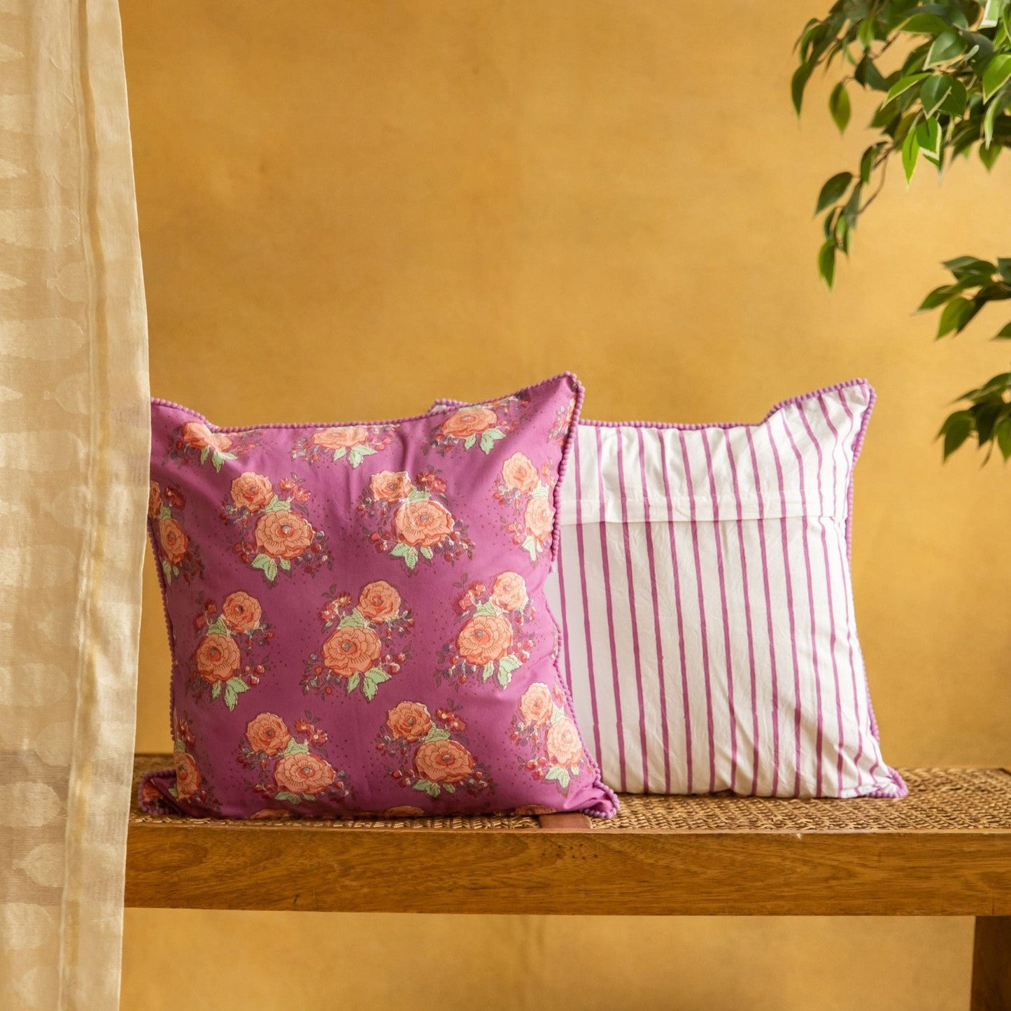 Purple Kentish Rose Blockprinted Cushion Cover