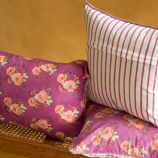 Purple Kentish Rose Blockprinted Cushion Cover