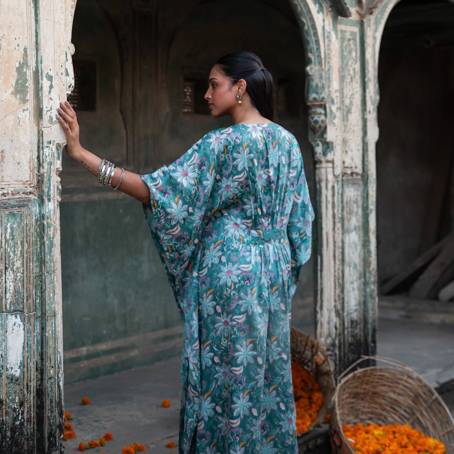 Ruhani Green Paisley Blockprinted Cotton Satin Kaftan