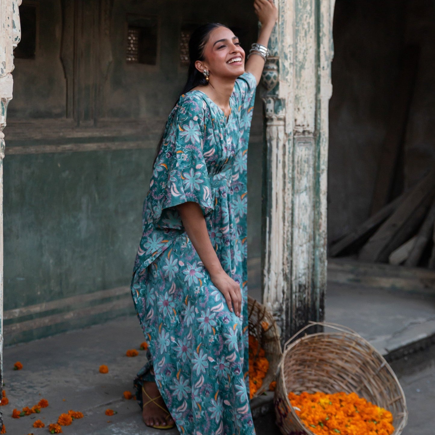 Ruhani Green Paisley Blockprinted Cotton Satin Kaftan