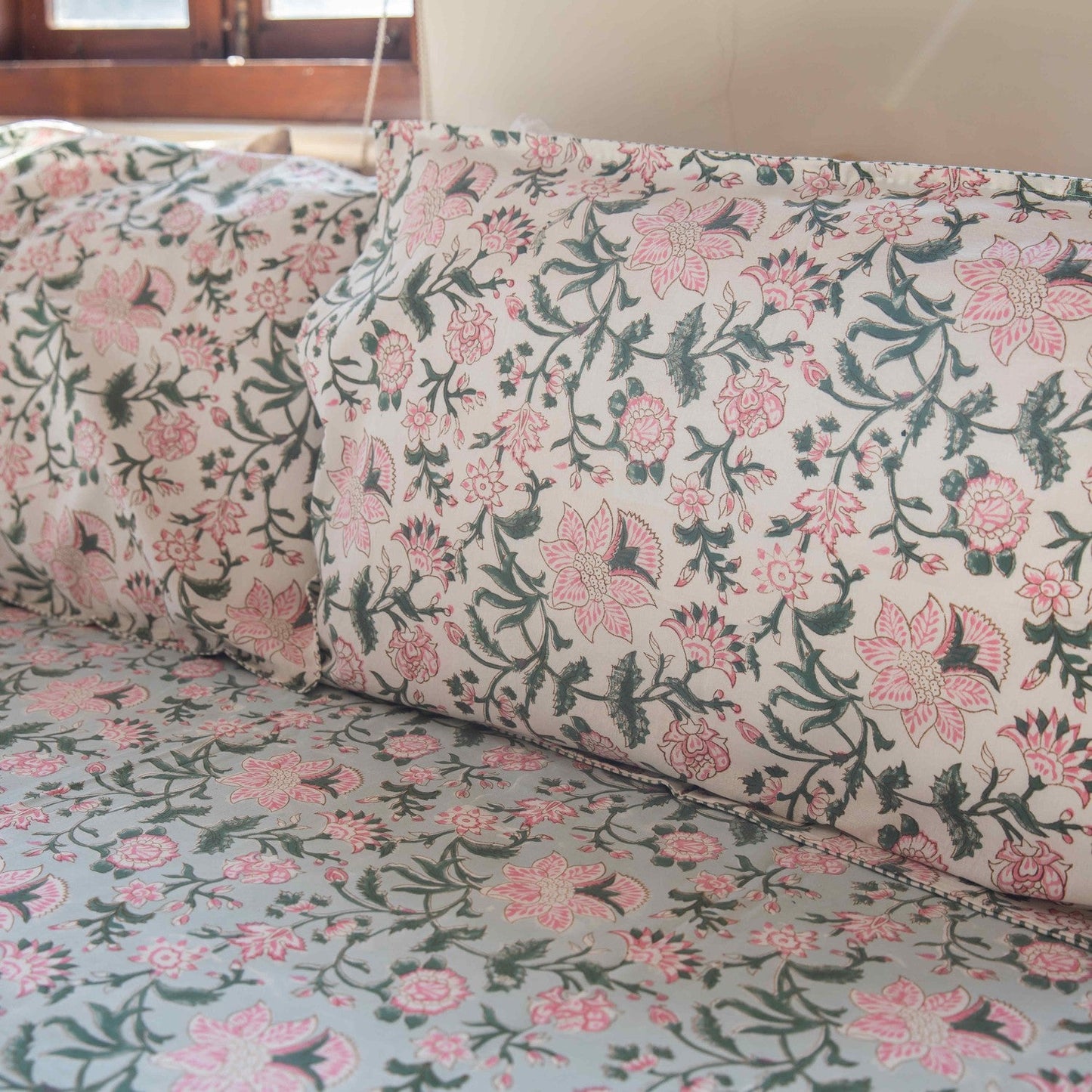 Traditional Green and Pink Pastel Phool Jaal Cotton Bedsheet