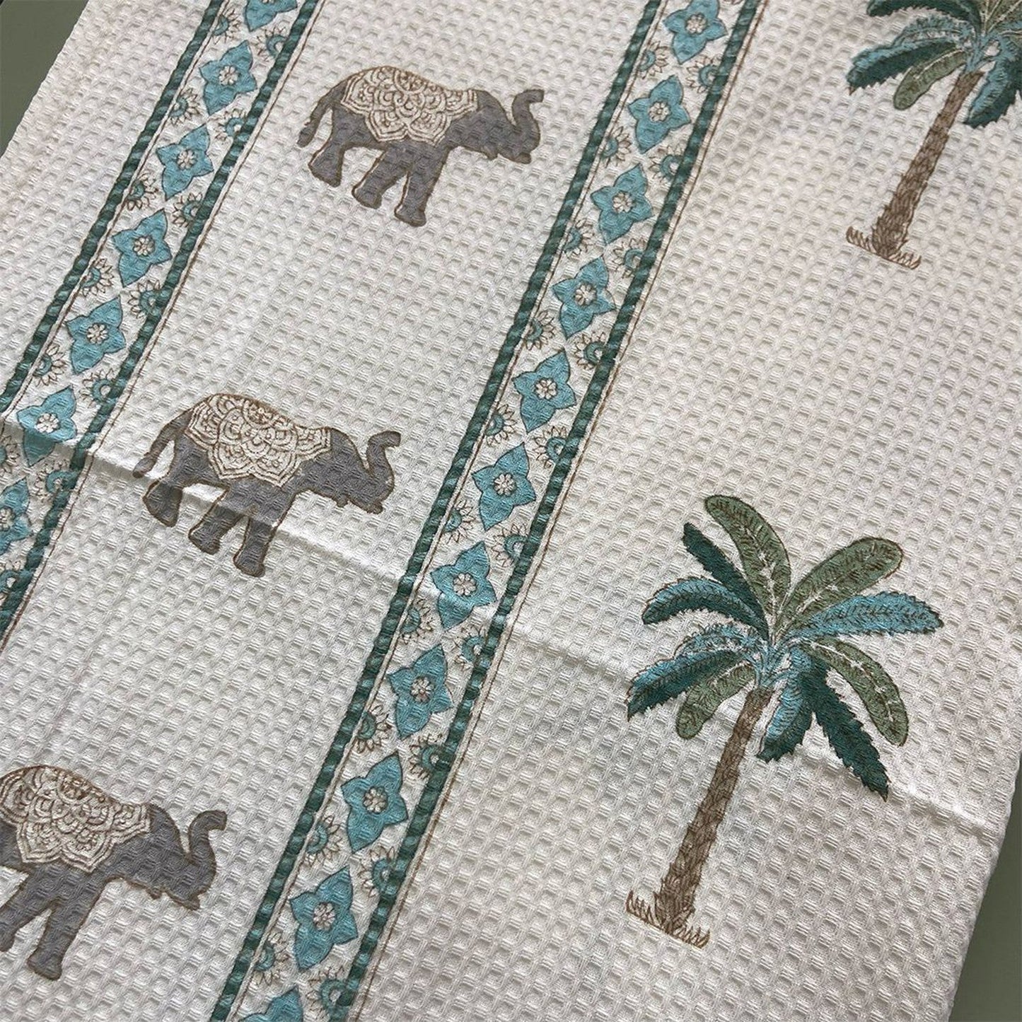 Tropical Elephant and Palm Blockprint Bath/Hand/Face Waffle Towel