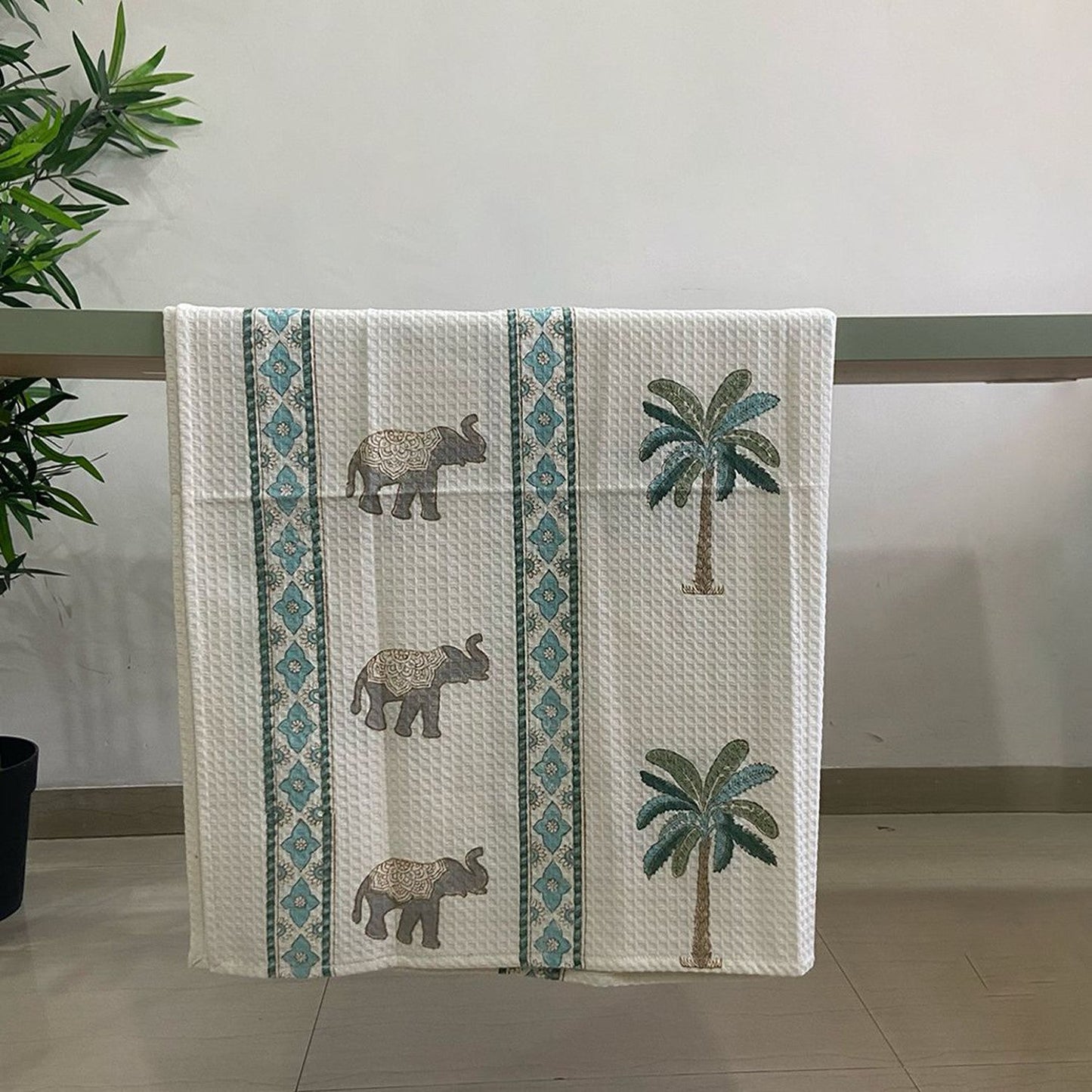 Tropical Elephant and Palm Blockprint Bath/Hand/Face Waffle Towel