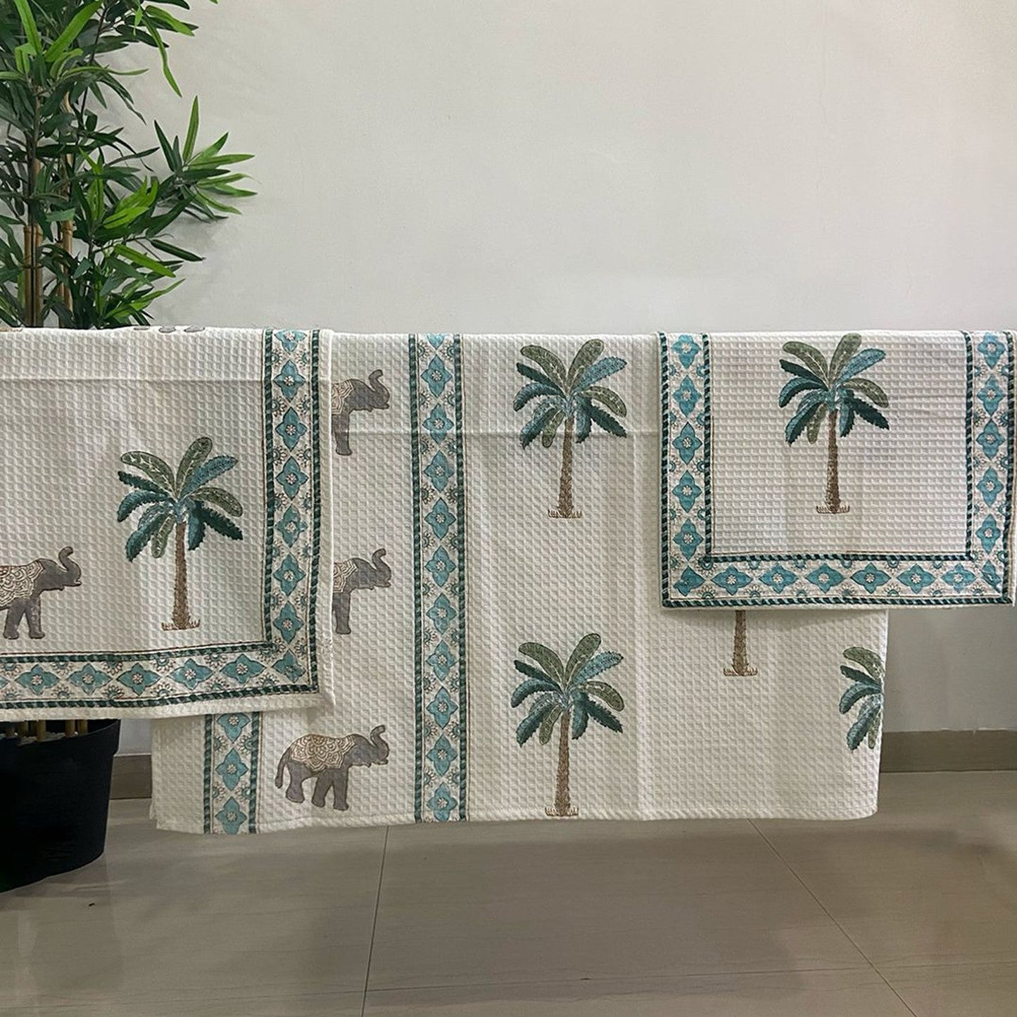 Tropical Elephant and Palm Blockprint Bath/Hand/Face Waffle Towel