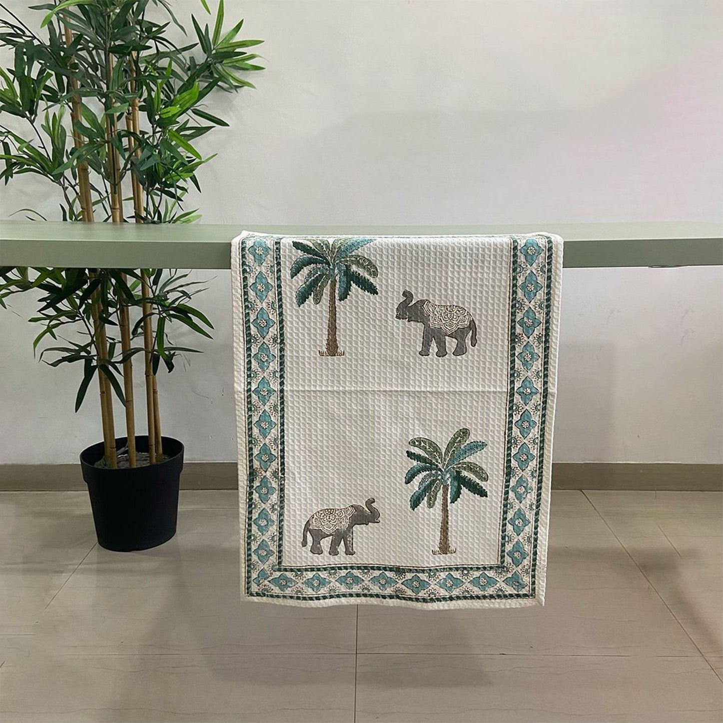 Tropical Elephant and Palm Blockprint Bath/Hand/Face Waffle Towel-bath towels-House of Ekam