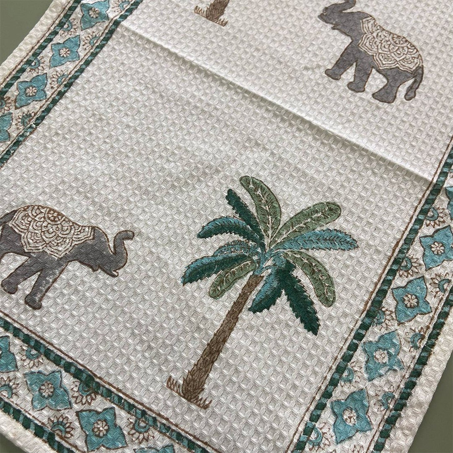 Tropical Elephant and Palm Blockprint Bath/Hand/Face Waffle Towel