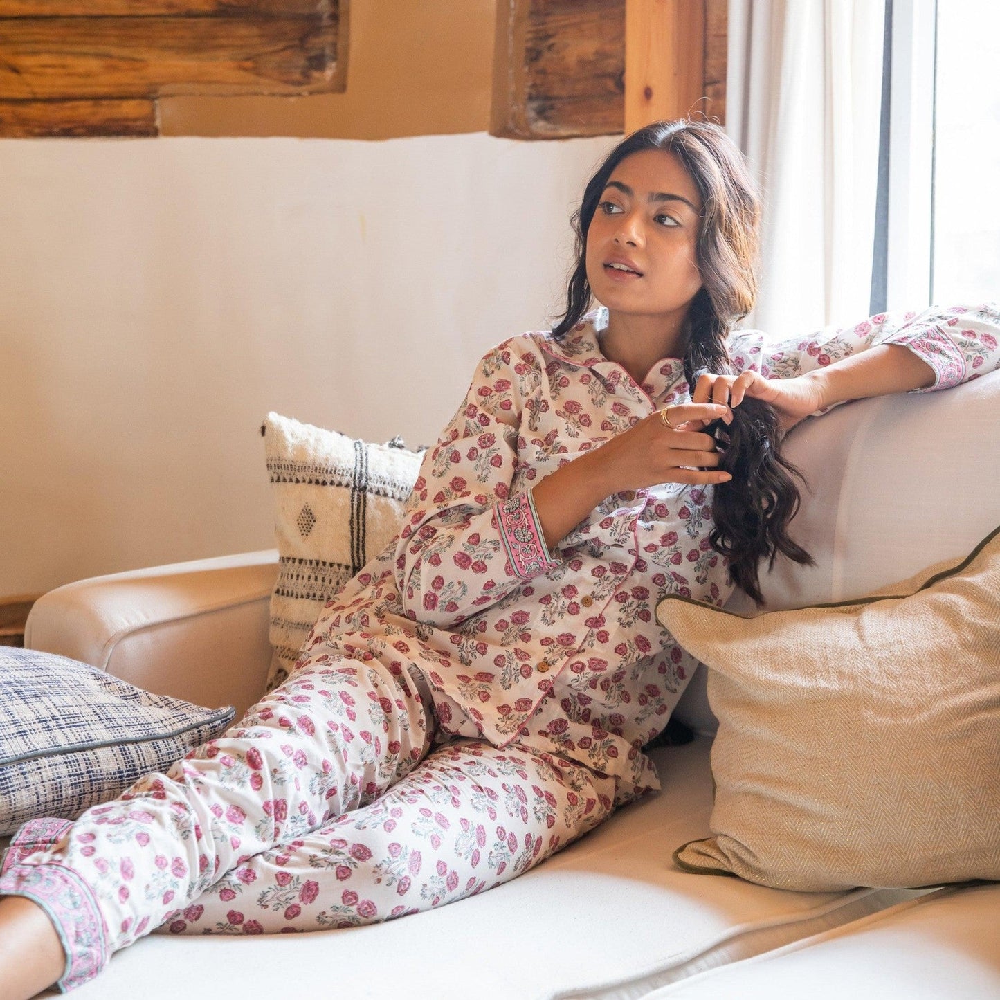 White and Pink Amaryllis Blockprinted Loungewear Pyjama Set