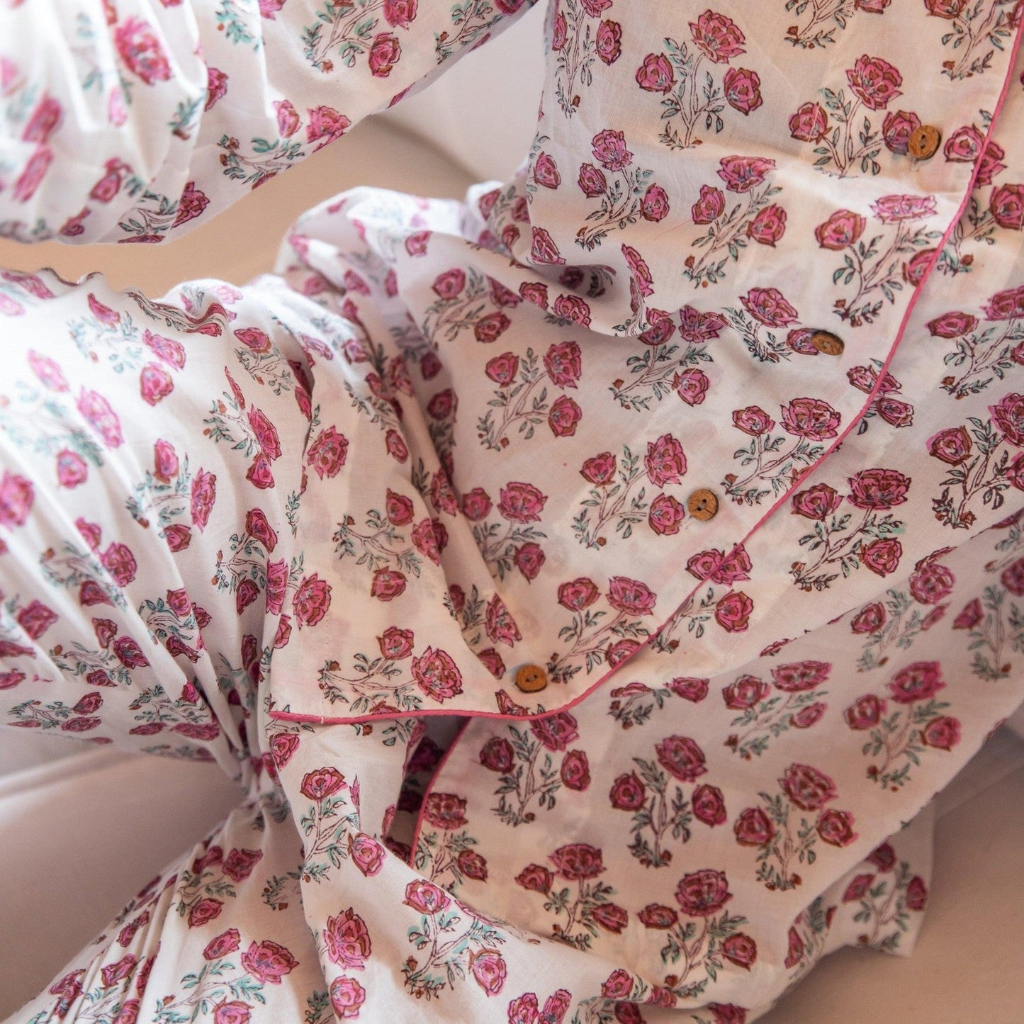 White and Pink Amaryllis Blockprinted Loungewear Pyjama Set