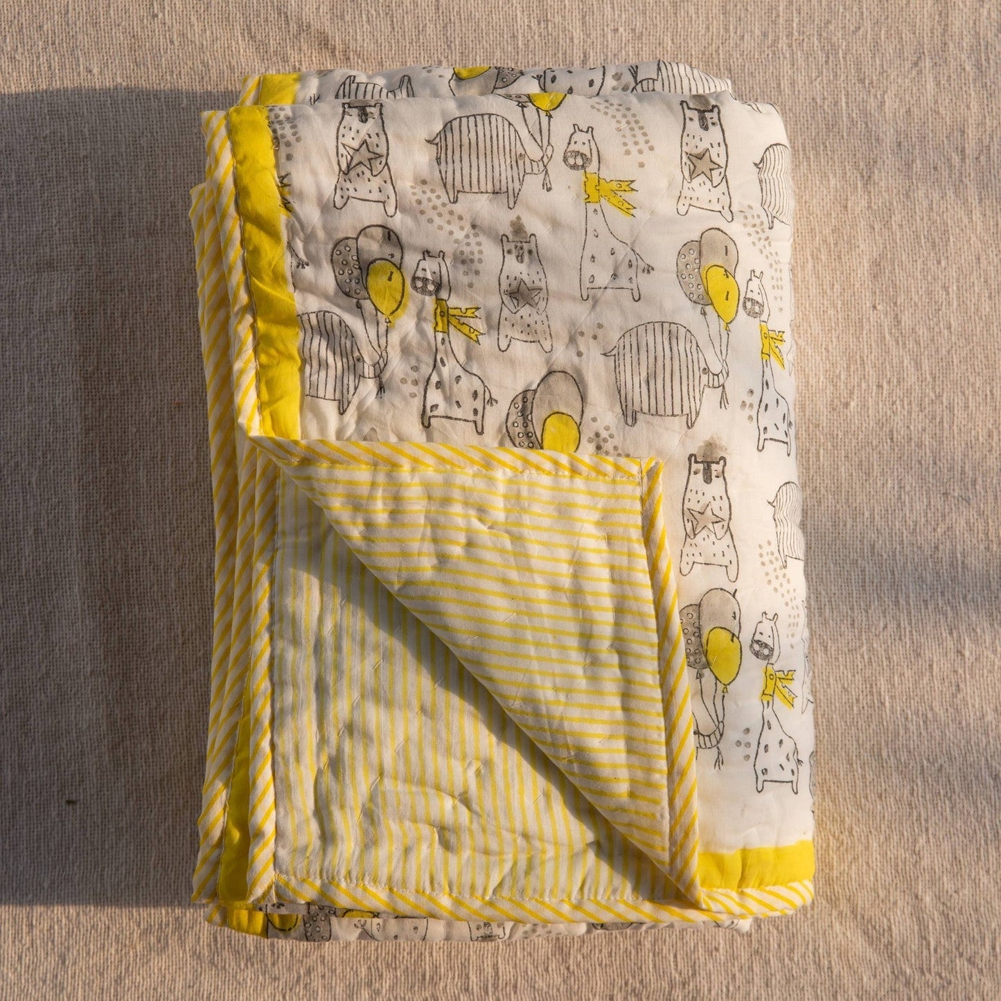 Yellow & Grey Animal Party Blockprinted Cotton Baby/Twin Quilt